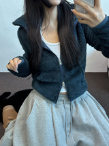SHEEP FUR FLEECE CROPPED HALF POLO NECK ZIP UP 🧸🩶🤍🖤🩵4COLOR