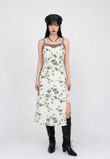 OLIVE PETAL TIE HALTER SLIT DRESS