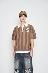 25SS COLLAR POINT STRIPE SHORT SLEEVE KNIT BROWN