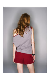 2025 Spring/Summer New Red and Gray Color Collision Slant Shoulder Printed Top