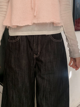 ピンクハートステッチノンフェードデニムワイドパンツ