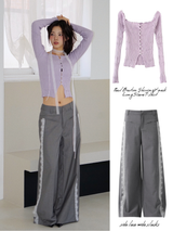 Pearl Burton Shirring V-neck Long Sleeve T-shirt