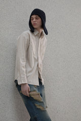 Lettering sleeve striped shirt - Beige