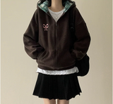 Check lining ribbon fleece hooded zip-up