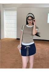Navy drawstring terry mini skirt