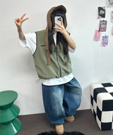 フリースレイヤードベストジップアップ💚💙🖤🧡4COLOR