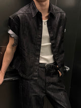 [MUSCLE FIT] グロッシークロップデニムシャツジャケット(2color)