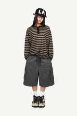 Striped Henley neck long sleeve knit