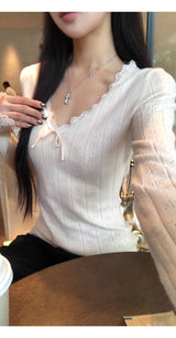 New wear レース Vネック ニット 長袖 Tシャツ