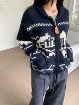 Winter Village House Pattern Knit Zip-Up Cardigan (2 colors)
