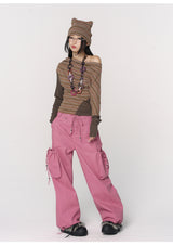 CONFUN Asymmetrical off-the-shoulder, laid-back and slimming base layer, striped knitted patchwork top