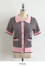 Carson Collar Color Matching Check Knit Cardigan
