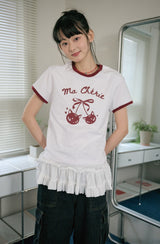 26SS★ チェリーキャッツクロップリンガー半袖Tシャツ