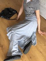 イショ フェイクレイヤード ホルター ストライプ ボタン ショートスリーブ Tシャツ