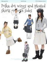 BETWEENAND 「Ling Xu Shuang Sheng」 Winter Academy – gray-and-white polka-dot pleated skirt with a separate inner skirt, available in two styles