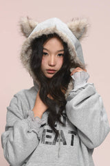 eat me plz* カシーキャットイヤーフリースフーディフォアオータムウィンターウォームジャケット