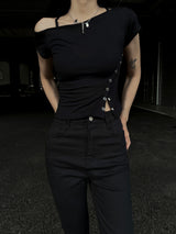 Unbuttoned off snap button slit short sleeve T (4 colors)