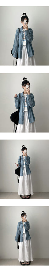 Pure Stripe Linen Banding Long Skirt