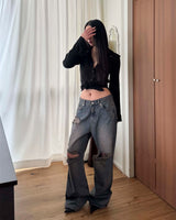 [Unisex] ダークダメージデニムパンツ
