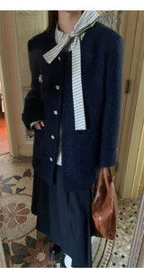 Renee Navy No Collar Round Half Coat