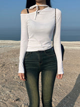Unbuttoned off-shoulder halter strap long sleeve T-shirt (3 colors)