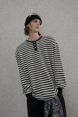 ストライプヘンリーネックTシャツ - Black
