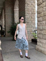 オートミール ルーズ ホルターネック ストラップ ノースリーブ Tシャツ
