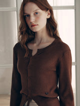 CUT OUT RIBBED CARDIGAN BROWN