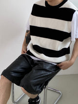 Stripe round neck knit vest 2C