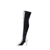 Thigh High Shoelace Point Boots Heel(Glossy Black)