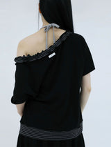 ストライプ フリル オフショルダー(BLACK)