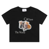 Cat Save The World キトゥンハーフTシャツ (White, Black)