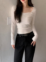 Raymi Heart Neck Shirring Slim Rib T-Shirt (4color)