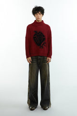 High-collared woolen reversible embroidered sweater for winter