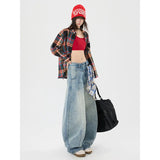 Americana Curved Wide Leg Denim Pants with Detachable Scarf