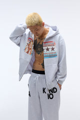 Sound wave artwork damage washing hoodie zip-up (Melange)