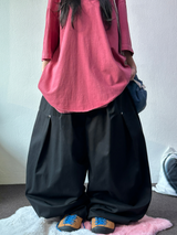 コリアン/ストリング 🩵 スタッドリベットポイントフロントスリットオーバーヒップバルーンワイドパンツ🩶🖤🩵 - 3カラーズ