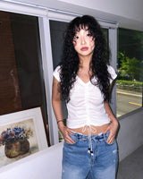 Fold-Over Distressed Wide Denim Pants