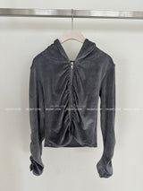 Velvet Shirring Hood Zip-Up
