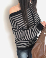 Ked Stripe Off-Shoulder Long-Sleeve Knit