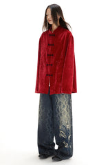 velvet chenille embroidered Mandarin collar shirt