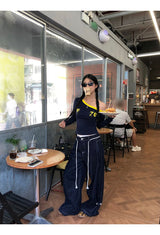 アンバランスオフショルダーブロックコアロングスリーブTシャツ