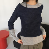 フィレットアウターナッピングストライプフリースレイヤード長袖Tシャツ
