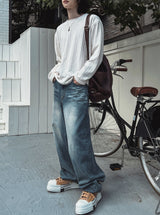 Drain embossed washed balloon denim pants