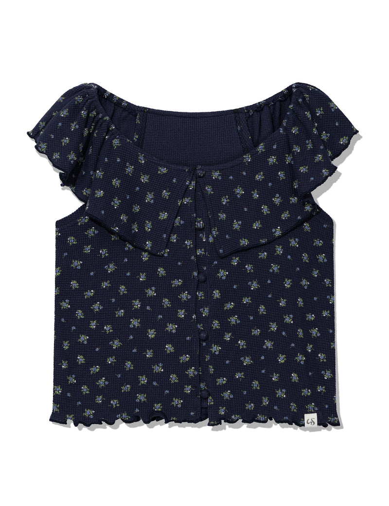 RUFFLE FLOWER BLOUSE(NAVY)