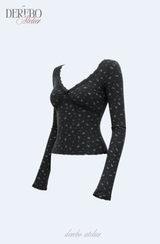 Blue Floral Deep V Long Sleeve T-shirt