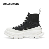 Black Canvas High Top Platform Sneakers, Unisex Chunky Lace Up Shoes