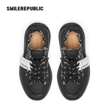 Black Frayed Canvas Smile Toe Chunky Platform Sneakers, Unisex Low Top