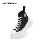 Black Canvas High Top Platform Sneakers, Unisex Chunky Lace Up Shoes
