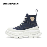 Navy Blue Smile Toe Canvas Chunky Platform High Top Lace Up Sneakers